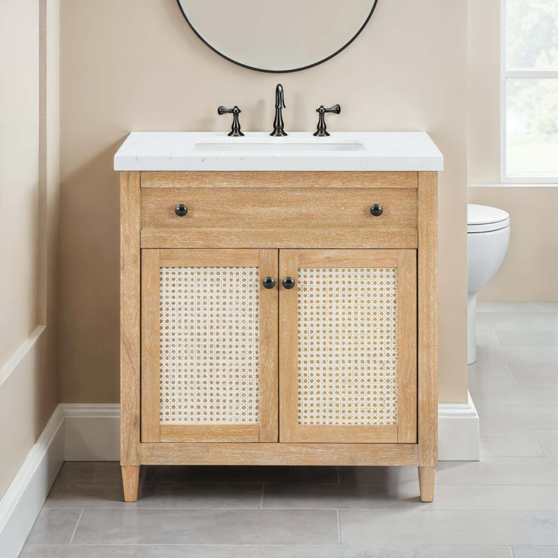 Meuble-lavabo intemporel à panneaux en rotin avec dessus en pierre reconstituée et assemblage sans outil