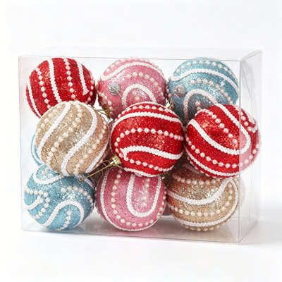 Set of 12 Mix Color Christmas Ball Set Box 9.44x6.29x3.14", Christmas Tree Ornament for Home Xmas New Year Tree Decorative Balls Pendant Set PVC Box, Each Ball 8cm/3.15in (3 each of pink, champagne, red, and blue)