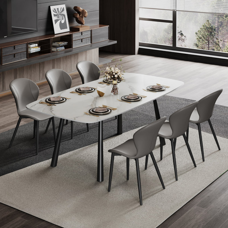 7-Piece Sintered Stone Dining Table Set With 6 PU Leather Chairs, White