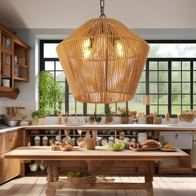 Modern Woven Pendant Light 1-Light Boho Farmhouse Ceiling Fixture with Dimmable E26 Base Easy Hardwired Installation for Kitchen Dining Room Entryway