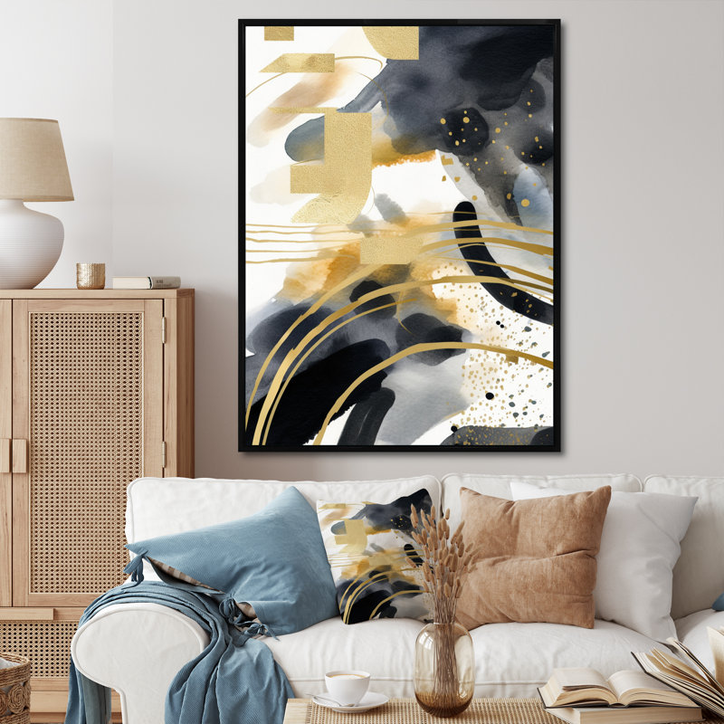 Art mural pastel abstrait avec taches bleues noires et dorées III - Fractales, H 20 po x l 12 po, Cadre photo noir