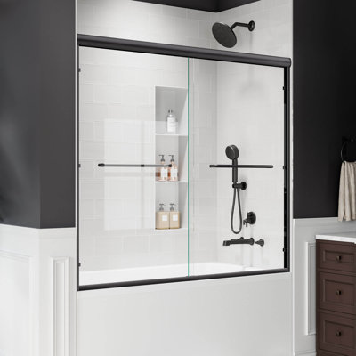 Porte de baignoire coulissante en aluminium semi-sans cadre H 56 po x l 56 po x H 54 po avec verre trempé de 1/4 po (6 mm) certifié par la CCSC et l'ANSI