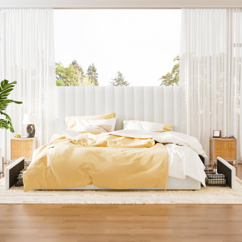 4-Drawer Velvet Upholstered Storage Platform Bed with Adjustable Headboard, White, King