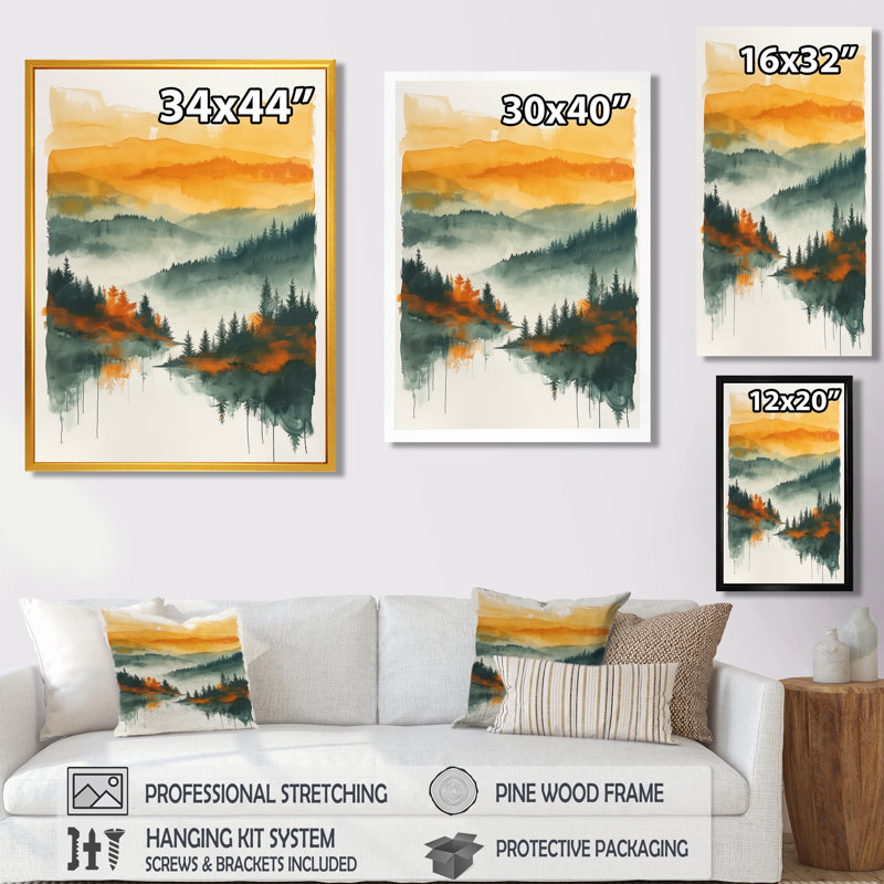 Orange vert forêt sauvage au coucher du soleil II - forêt, art mural salon, Toile tendue, H 40 po x l 30 po