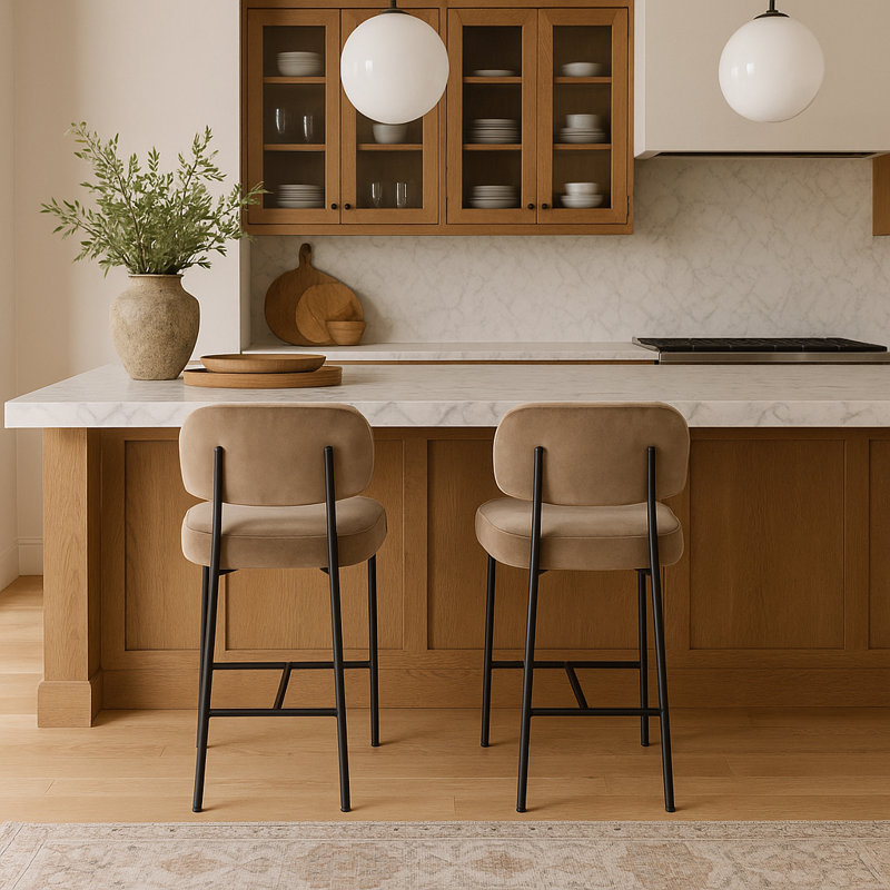 Tabouret de comptoir rembourré Zarelle, Tissu performance taupe