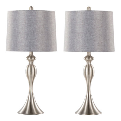 Lampe de table contemporaine en métal brossé 27 "en nickel brossé avec abat-jour en lin texturé gris - ensemble de 2