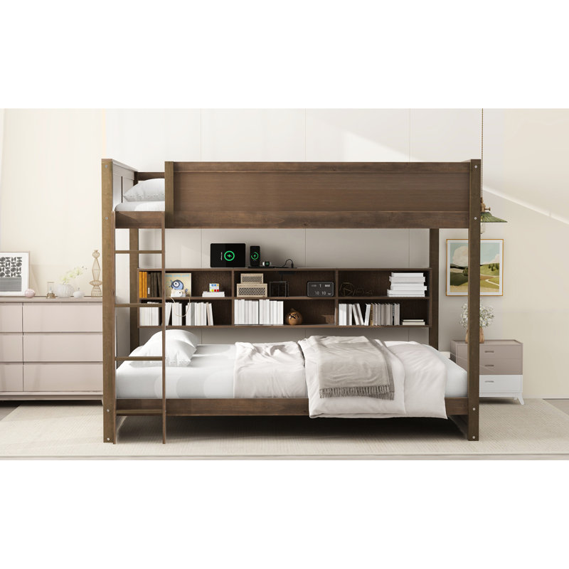 Grand lit superposé avec espace de rangement et fentes pour armoire électrique en bois massif, Bois