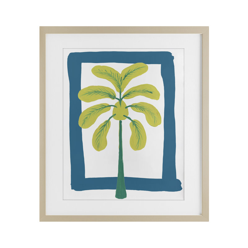 «New Oasis Palm Tree», reproduction encadrée sous verre, conception de Bronwyn Baker, Cadre de récolte en pin