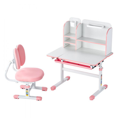 Kids Desk and Chair Set, Study Desk and Chair for Kids with Bookshelf & Storage Drawer, Adjustable Height & 0-40° Tilted Desktop Desk and Chair, Study Table for Bedroom & Study Room, Pink
