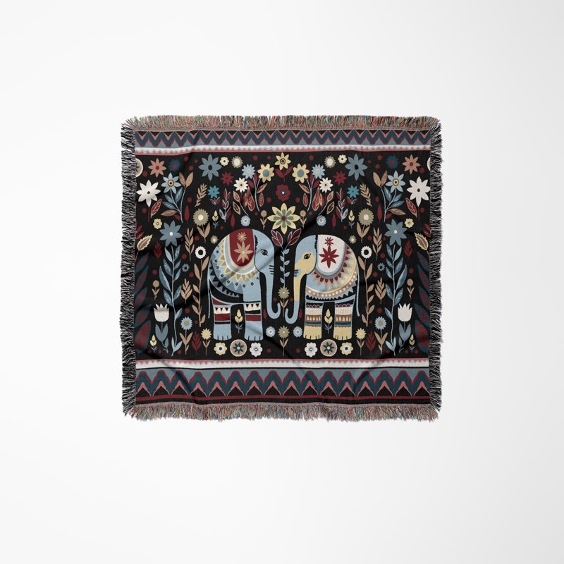 Jeté en mélange de coton Cece Elephant, Noir / bleu / rouge, L 60 po x l 50 po