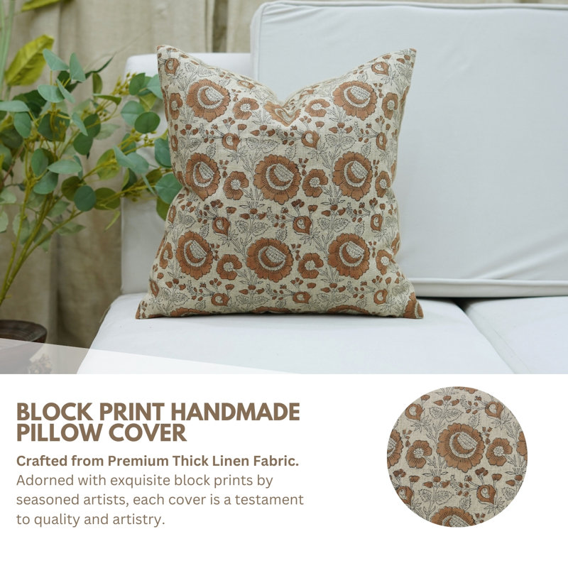 Fabdivine Artisan Handcrafted Pillow Cover Shillong Block Print Decorative Throw Cushion, Brown Block Print/Floral