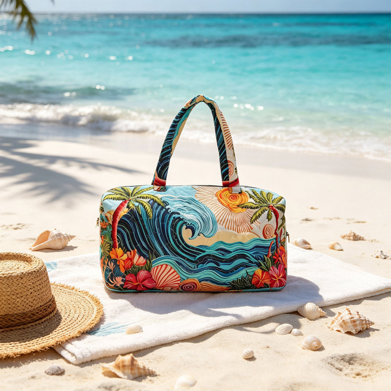 Pochette de poitrine en tissu, sac de voyage hawaïen matelassé à imprimé palmiers et vagues tropicales, idéal pour les vacances et la salle de sport.