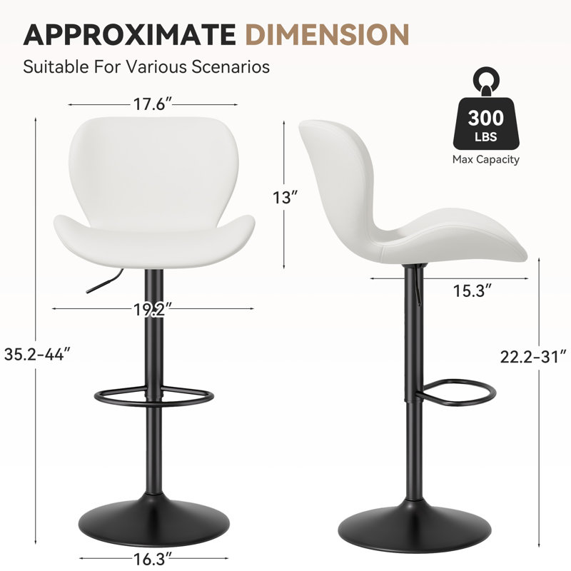 Ensemble de 2 tabourets de bar, tabourets de bar à hauteur de comptoir en cuir polyuréthane avec dossier, chaises de bar pivotantes réglables en hauteur, tabouret d'îlot de cuisine sans accoudoirs moderne