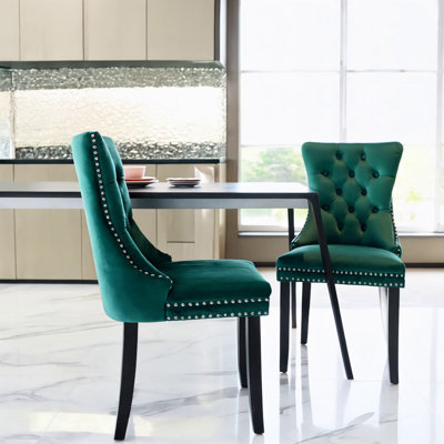 High-End Tufted Solid Wood Contemporary Velvet Upholstered Dining Chair With Wood Legs Nailhead Trim 2-Pcs Set