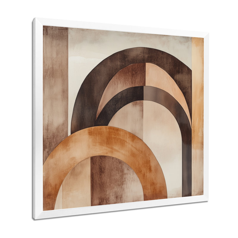 Composition en arc aux tons bruns, beiges et terreux I - Tableau encadré de formes abstraites, H 36 po x l 36 po