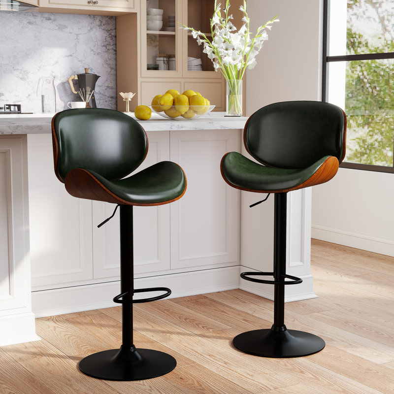 Mid-Century Modern PU Upholstered Swivel Ajustable Height Bar Stools, Green