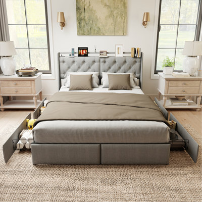 King Metal Platform Bed Frame - Grey, Storage Headboard With RGB LED & Charging Station