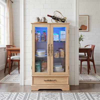 Elegant Lighted Glass Curio Display Cabinet With Adjustable Shelves, 2 Doors, 1 Drawer And Bulb by Wrought Studio