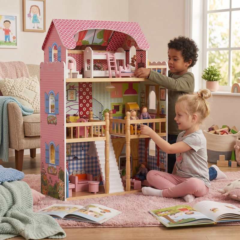 Maison de poupée en bois à 3 étages avec 15 accessoires, toit et fenêtres pour enfants de 3 ans et plus