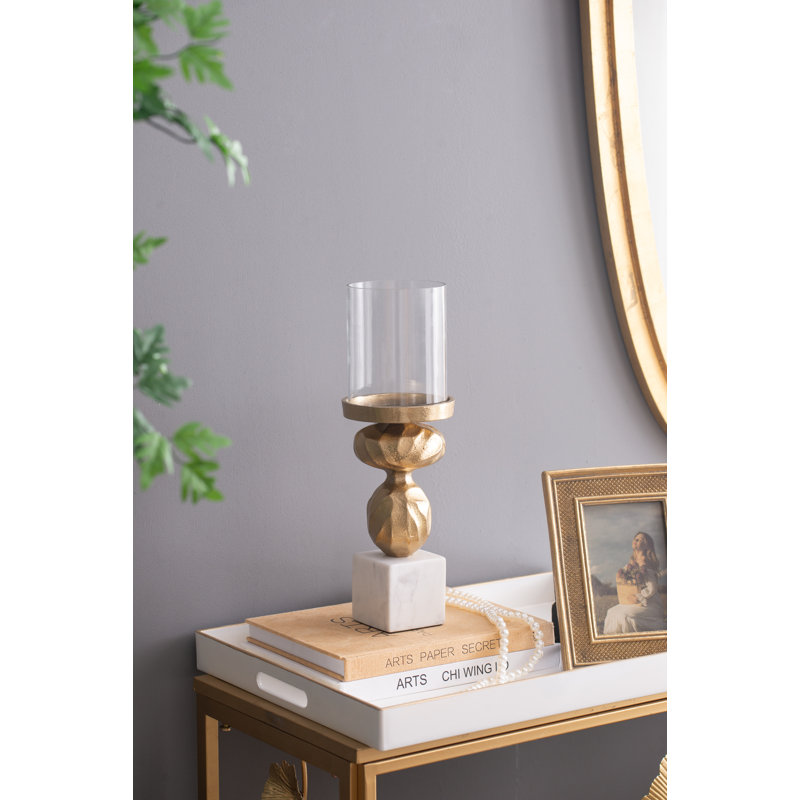 Gold and White Glass Diamond Stem Hurricane Lamp