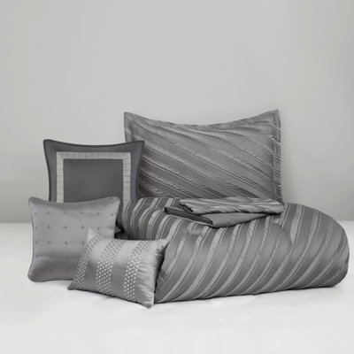 Queen Comforter Grey 7 Pcs - Modern Elegance Diagonal Striped, Shimmering Bedding, Matching Shams, Decorative Pillows Pattern, Stylish Bedding With , , All Season Comfort