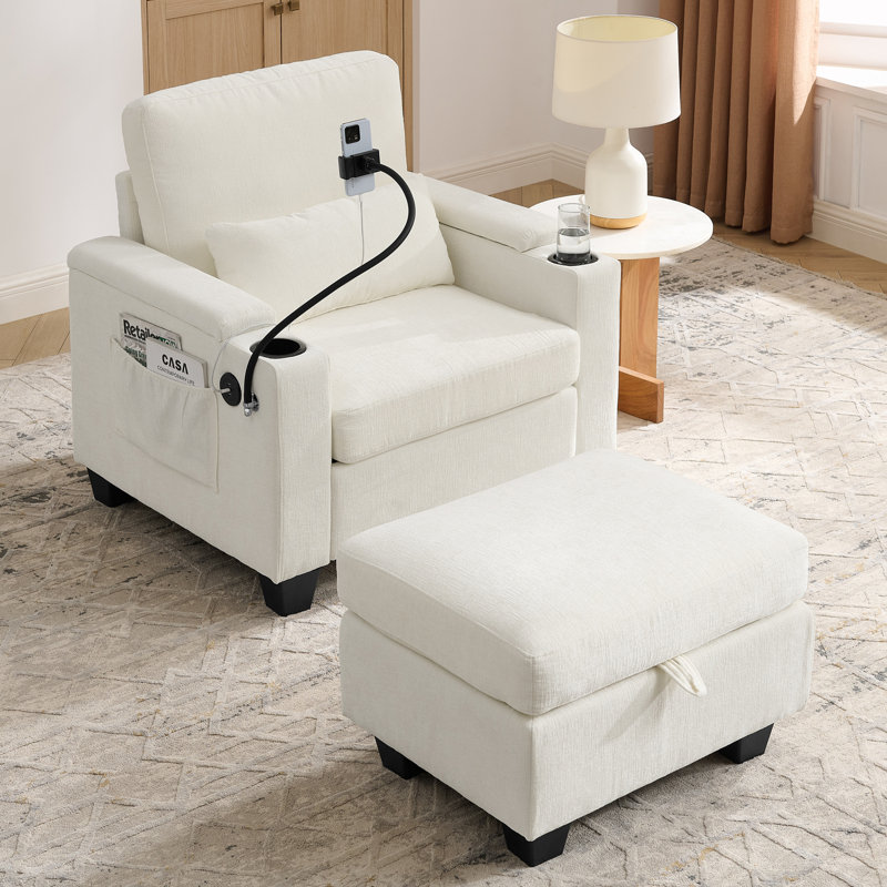 Méridiennes à dossier réglable avec port de charge USB et repose-pieds de rangement (avec support pour téléphone), Beige