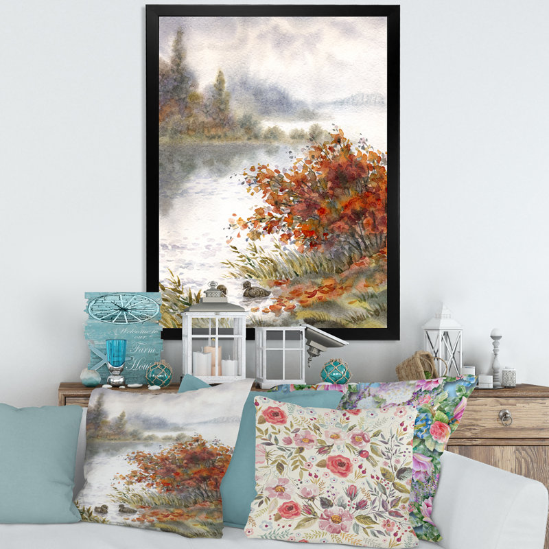 Vue du lac en automne - reproduction sur toile, H 32 po x l 16 po x P 1,5 po, Toile avec cadre noir