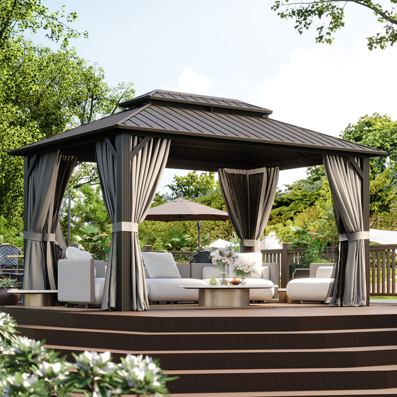 Hardtop Gazebo with Galvanized Steel Roof & Metal Frame, 14 Ft. W X 10 Ft. D, Gray