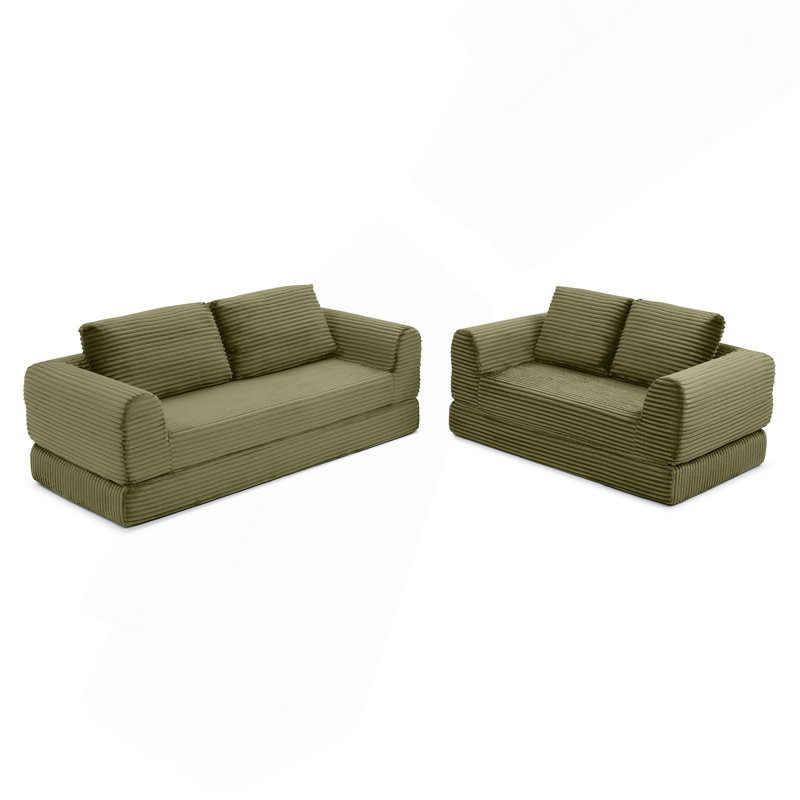 Canapé-lit convertible 2-en-1 pliable en velours côtelé, canapé-lit modulaire futon avec lit escamotable et 2 coussins - vert