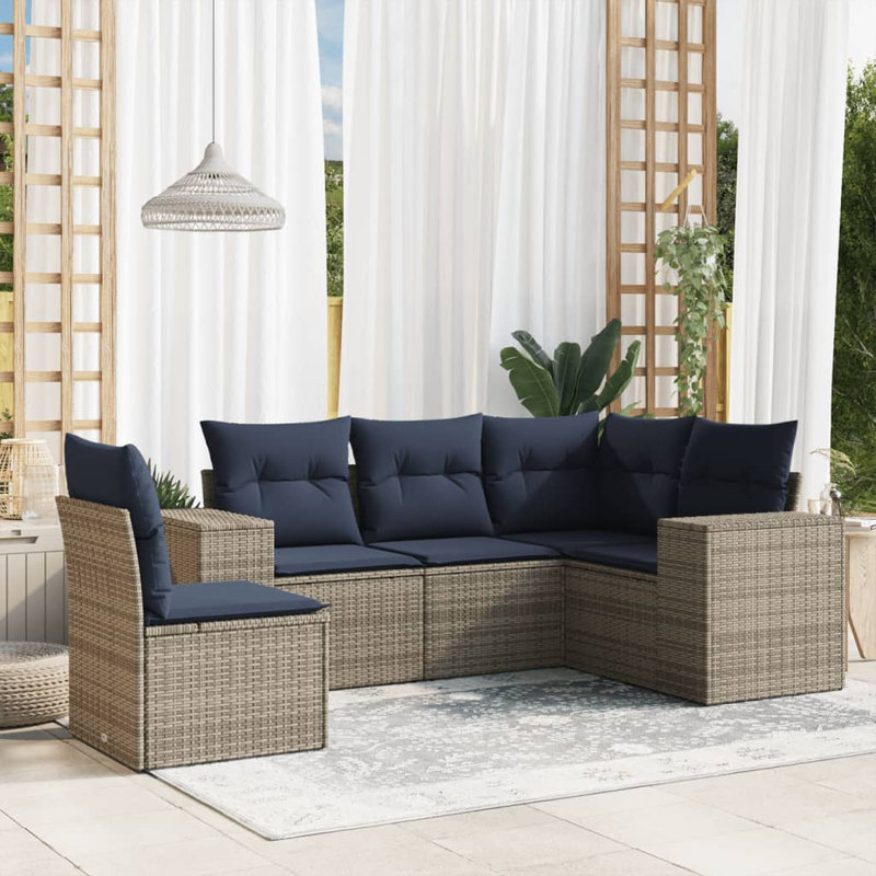 6 Piece Patio Sofa Set With Cushions Poly Rattan, Navy Blue Cushion/Gray Frame