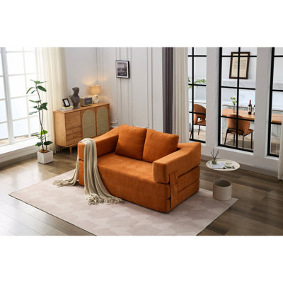 Convertible avec poches latérales - tissu chenille orange, siège moelleux, pour le salon et la chambre à coucher Lit dépliant en orange, revêtement amovible et flexible, sans assemblage