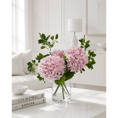 Pink Silk Hydrangea Faux Floral Arrangement in Clear Glass Cylinder Vase
