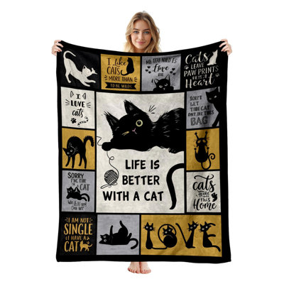 JYK Flannel Fleece Twin Blanket, Lightweight, Breathable, Soft Cozy Warm Plush Microfiber, 60"x80",  Black Cat Text
