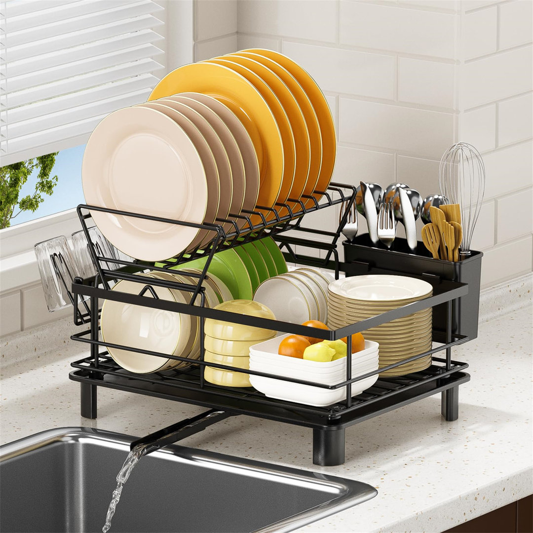 2 Tier Dish Drainer Rack, Dish Drying With Swivel Drainage Spout,Utensil Holder, Cup Holder, Rust-Proof Carbon Steel With Drip Tray For Kitchen Counte