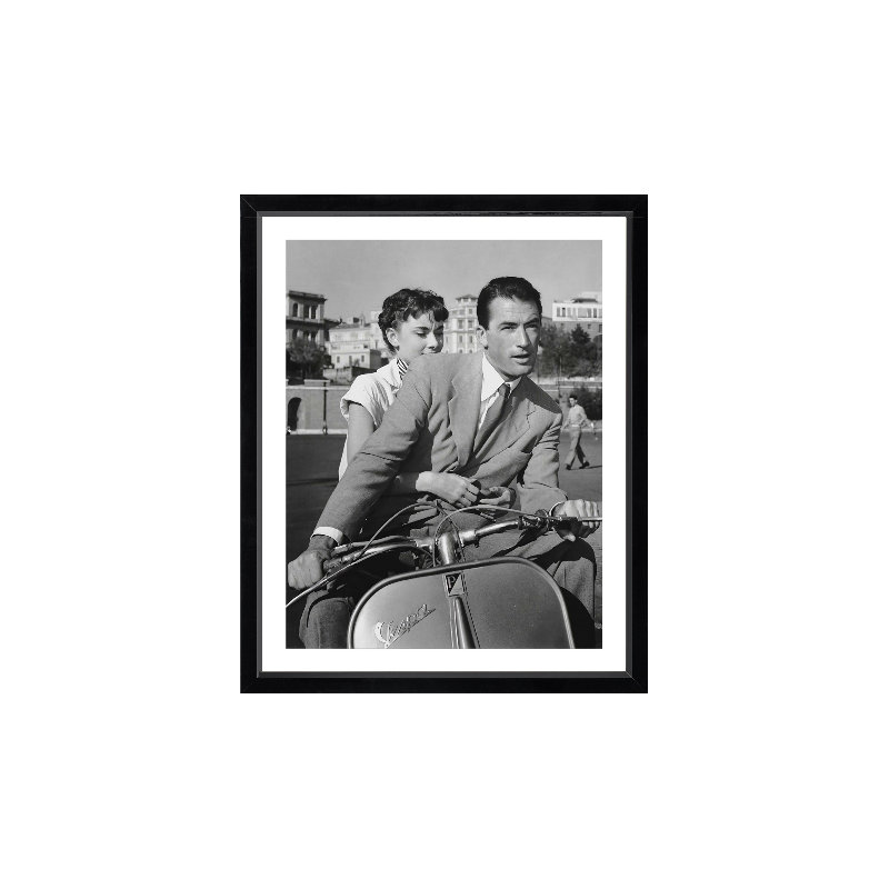 Audrey Hepburn And Gregory Peck Riding A Vespa In The Famous Film "Roman Holiday" - Print on Wood