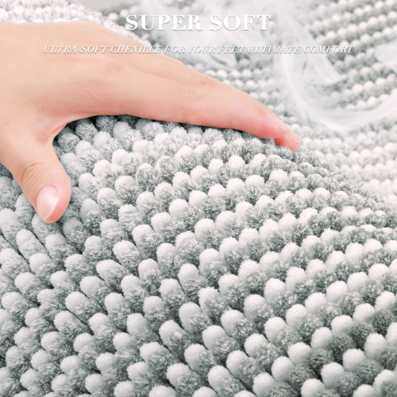 Soft Shaggy Absorbent Non-Slip Bath Mat, 20" x 47" Plus 16" x 24", Light Grey