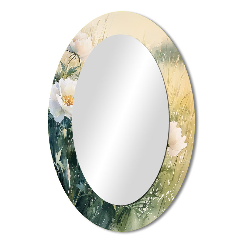 Pivoines et le champ ouvert I - miroir mural ovale blanc, 36 po x 24 po