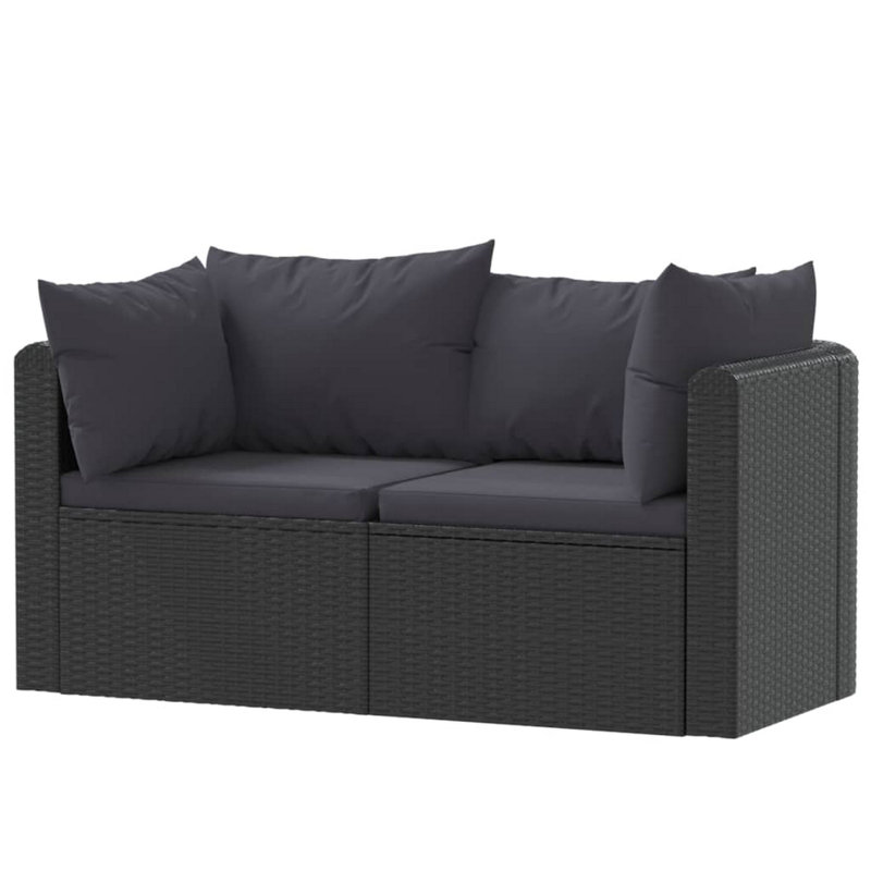 Ensemble de causeuse modulaire d'extérieur 2 pièces, coussins noirs, rotin poly, acier