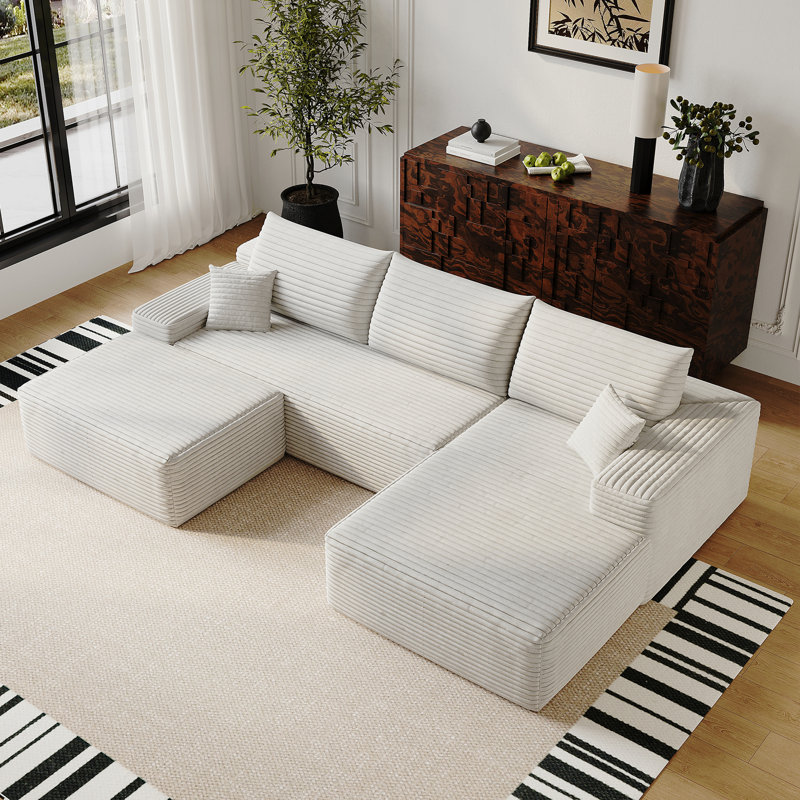 Canapé modulaire 107 po avec 1 repose-pieds Cloud, fauteuils rembourrés minimalistes modernes, canapé confortable en forme de U pour le salon, canapé d'angle à siège profond, aucun assemblage requis (tissu en velours côtelé moelleux), blanc