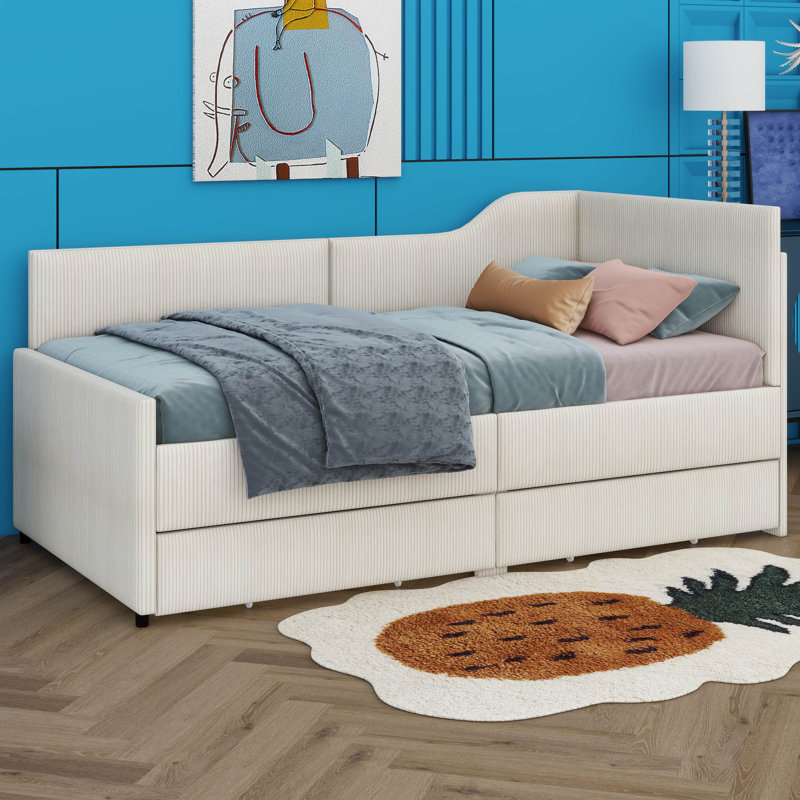 Lit de jour simple en L en velours côtelé avec structure de lit tapissier avec 2 tiroirs de rangement, Beige