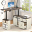 Bureau debout électrique en L 55 po, bureau de coin debout à hauteur ajustable avec prises de courant, tiroirs de rangement et porte coulissante pour bureau à domicile