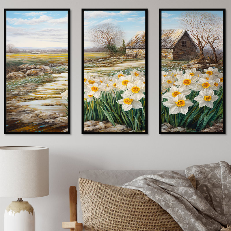 «White and Yellow Daffodils Country Charm», ensemble d'art mural fleurs, Cadre flottant noir, H 40 po x l 60 po x P 1 po