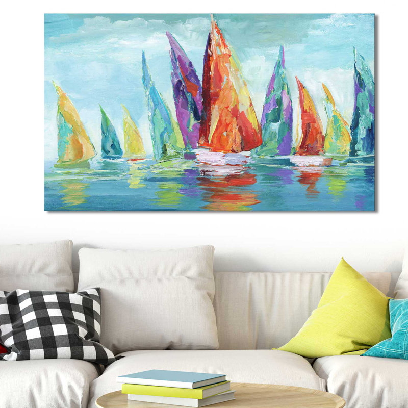 «Fine Day Sailing I», reproduction de peinture acrylique, H 27,5 po x l 43,5 po x P 2 po, Cadre flottant blanc