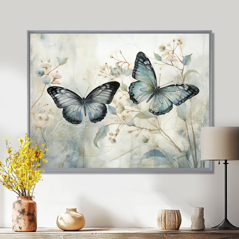 «Blue Beige Butterfly Wings Of Serenity», art sur toile papillon, H 12 po x l 20 po, Reproduction avec cadre flottant