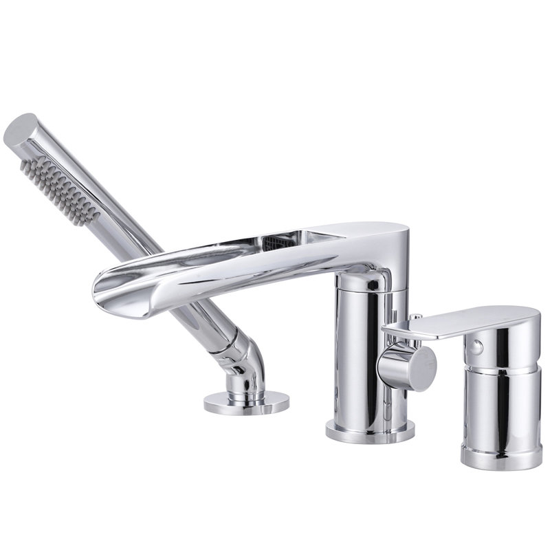 Waterfall Deck-Mount Roman Tub Faucet With Hand Shower, 3-Hole Single Handle Bathtub Faucet, Polished Chrome