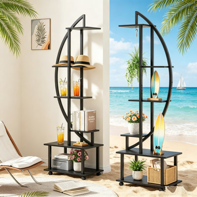 Support pour plante d'intérieur en métal à 2 niveaux à 6 niveaux, support pour plante en forme de demi-lune avec roues, support à plantes polyvalent de 69,2 po de hauteur, grands supports à plantes à échelle élevée pour la décoration intérieure.