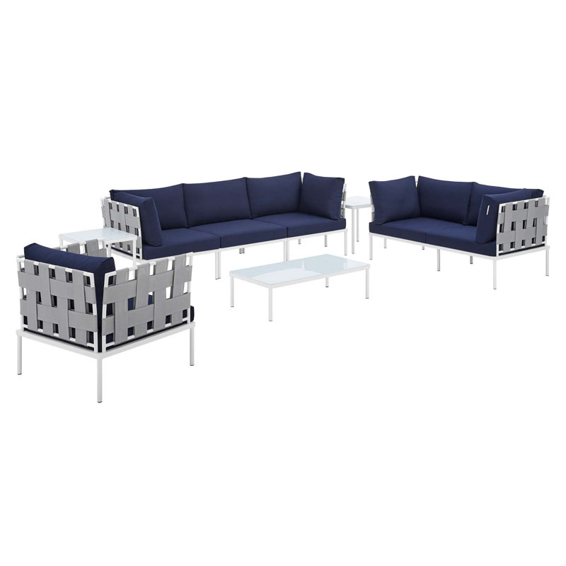 Ensemble de conversation d'extérieur en aluminium 8 pièces Sunbrella Harmony par Modway, Sunbrella® bleu marine