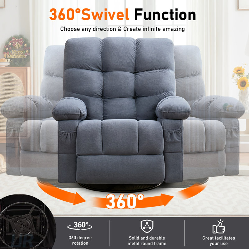Massage Swivel Recliner Chair With Vibration And Lumbar Heating, Oversized Rocker For Adults, 350LBS Capacity, Side Pocket And USB Port