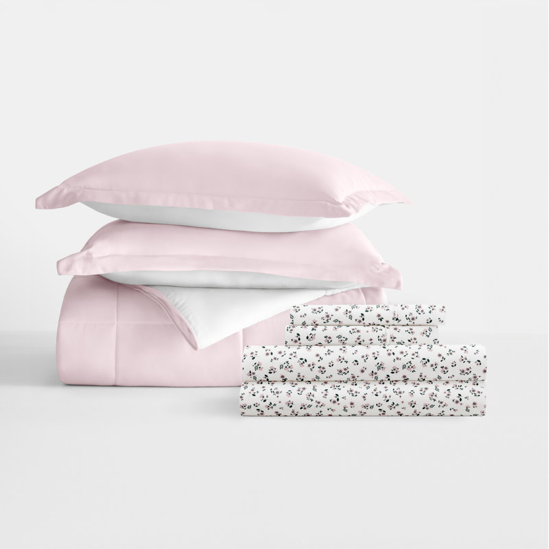 7-Piece Reversible Bedding Bundle - Solid Comforter and Patterned Sheet Set, Pink Floral