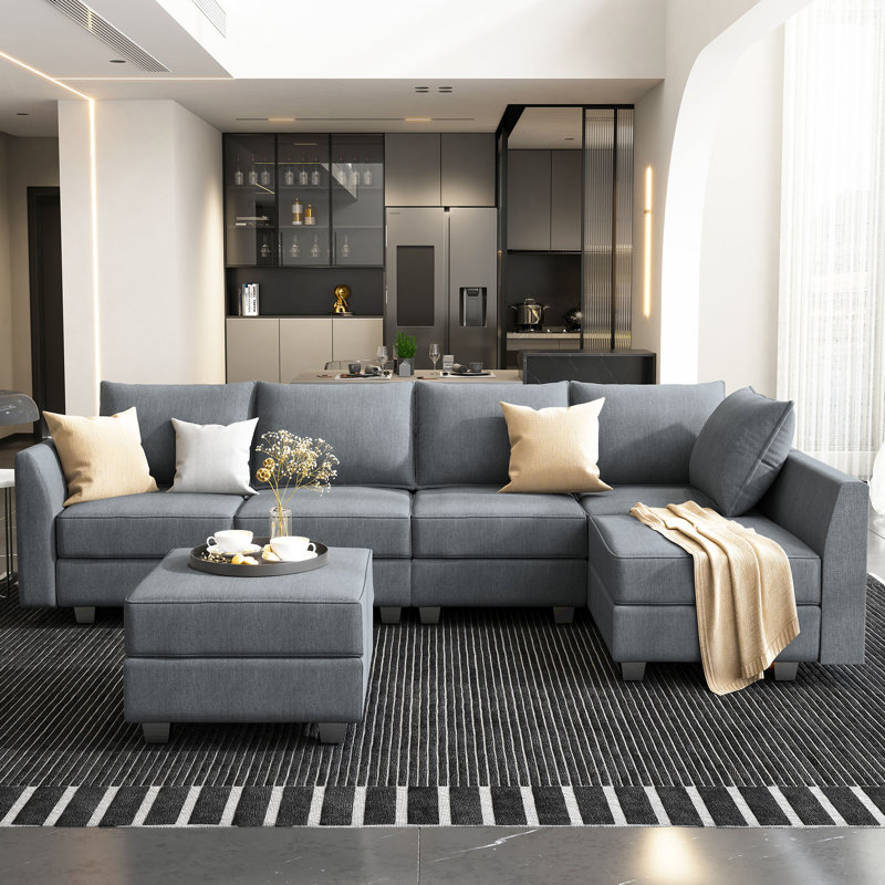 Canapé modulaire rembourré avec rangement en U Tremee, Mélange de polyester bleuâtre